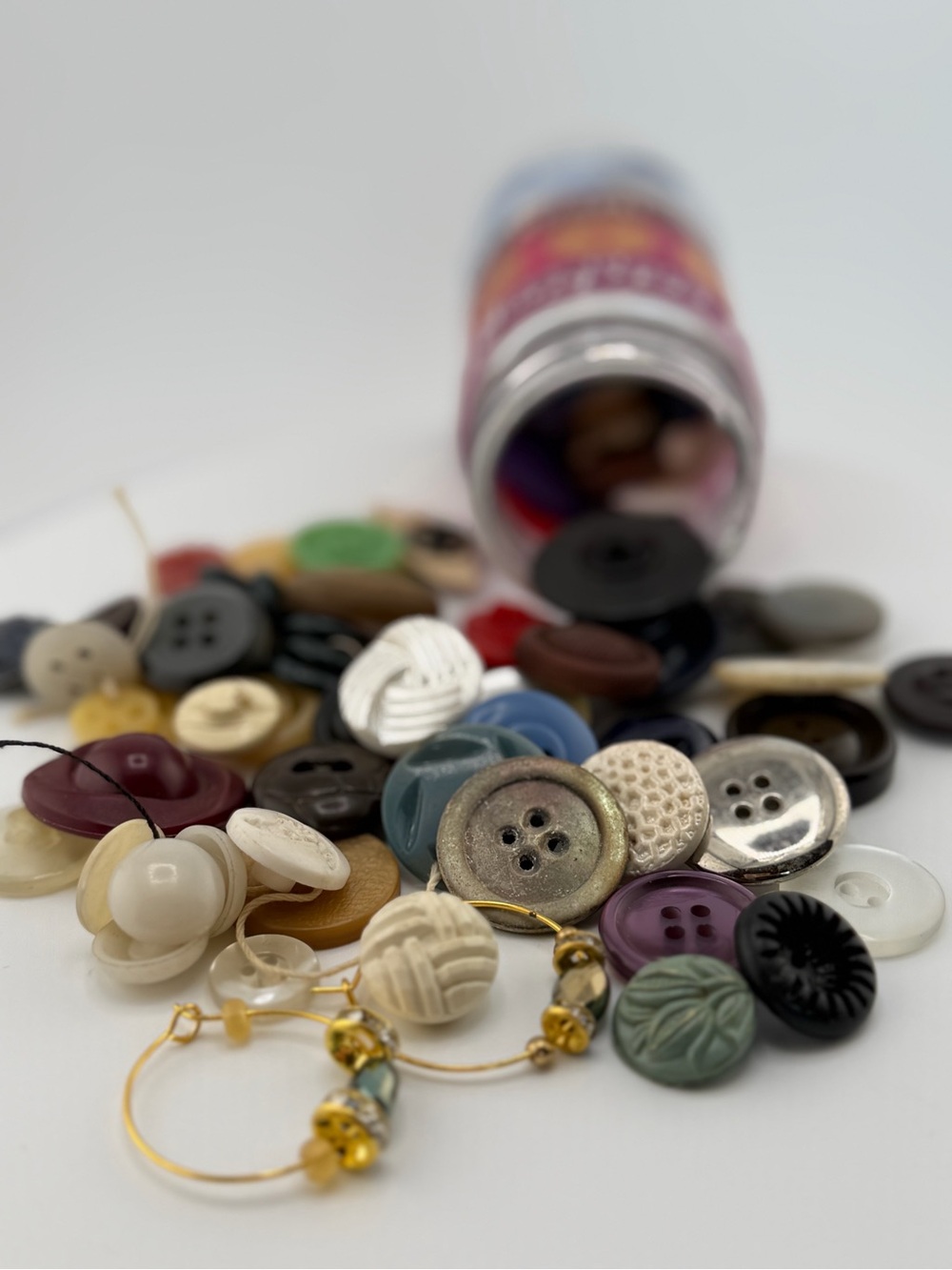 Assorted Decorative Vintage Sewing Buttons & 2 Wine Charms